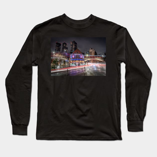 Manchester Night View with Light Trails and Atlas Bar Long Sleeve T-Shirt by TonyNorth